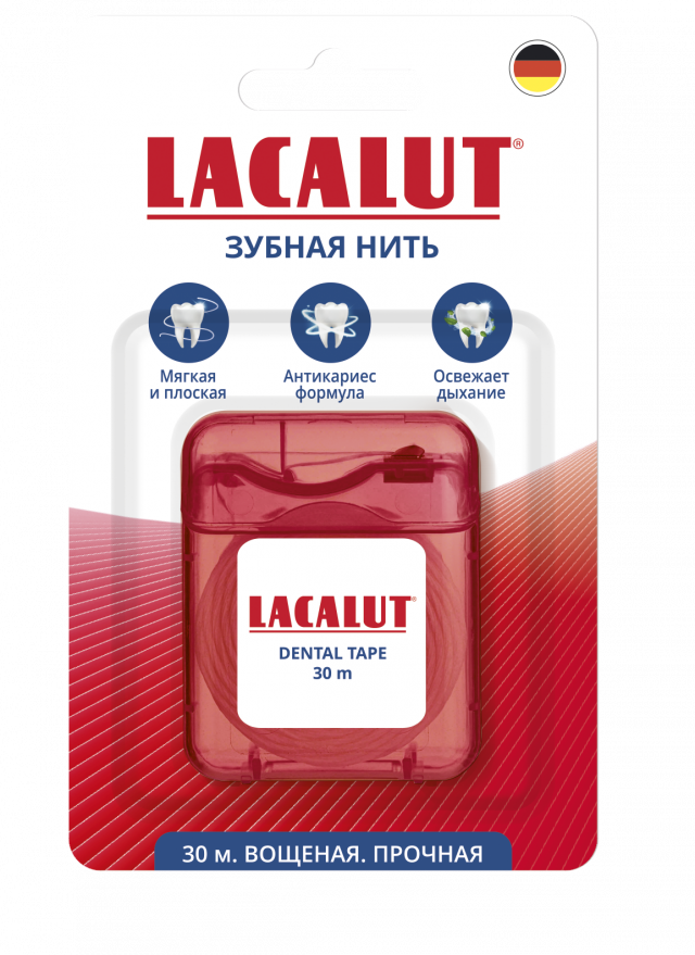 Изображение товара Зубная нить Lacalut dental tape 30м фторид натрия мягкая вощеная тефлоновая