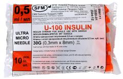 Изображение товара Шприц инсул. 0,5мл U-100 (0,30х8мм) 30G №10 СФМ